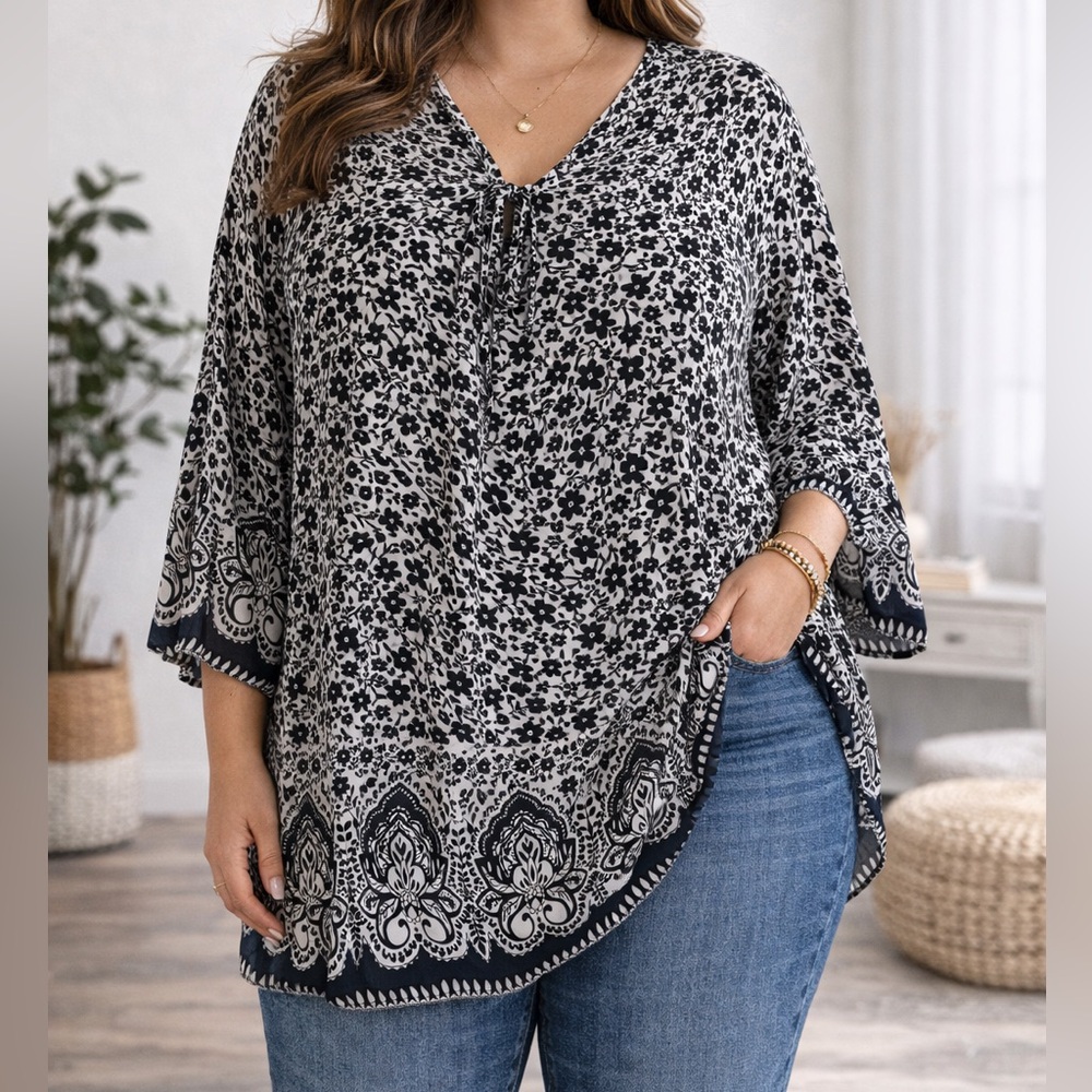 Essentials‎ Black & White Floral Tie-Neck Tunic